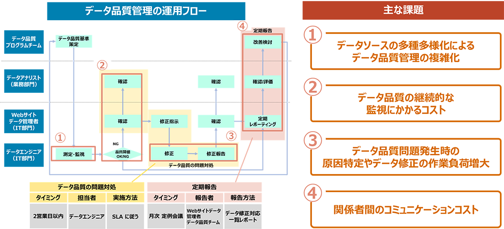 図1：データ品質管理の運用フローと主な課題