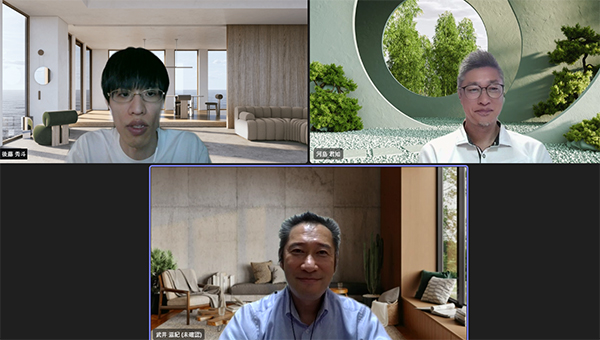 インタビュー模様（下：武井氏、左上：後藤、右上：河島）