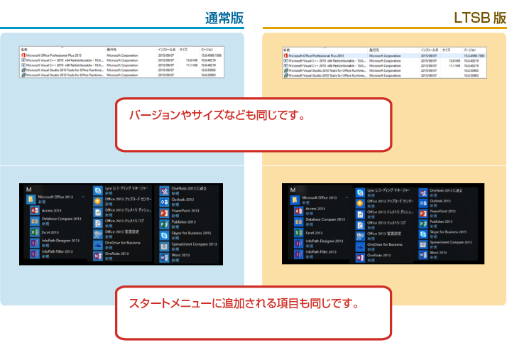 通常版とLTSB版（デスクトップアプリの比較）