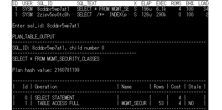 SQL文の実行計画表示画面